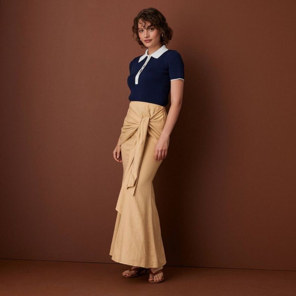 Women's Side Tie Linen Blend Maxi Skirt - Khaki 2 - Picture 4 of 4